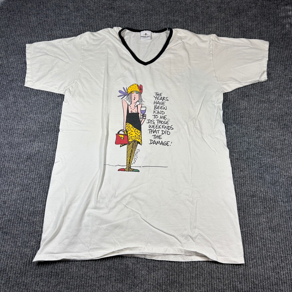 Emerson Street Womens Graphic V-Neck T-Shirt White Size XL Humorous Weekend